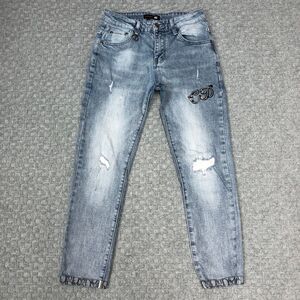Kujiezou Denim Jeans Womenns 26x25.5 Blue Distressed Slim Fit CD Designer Capri